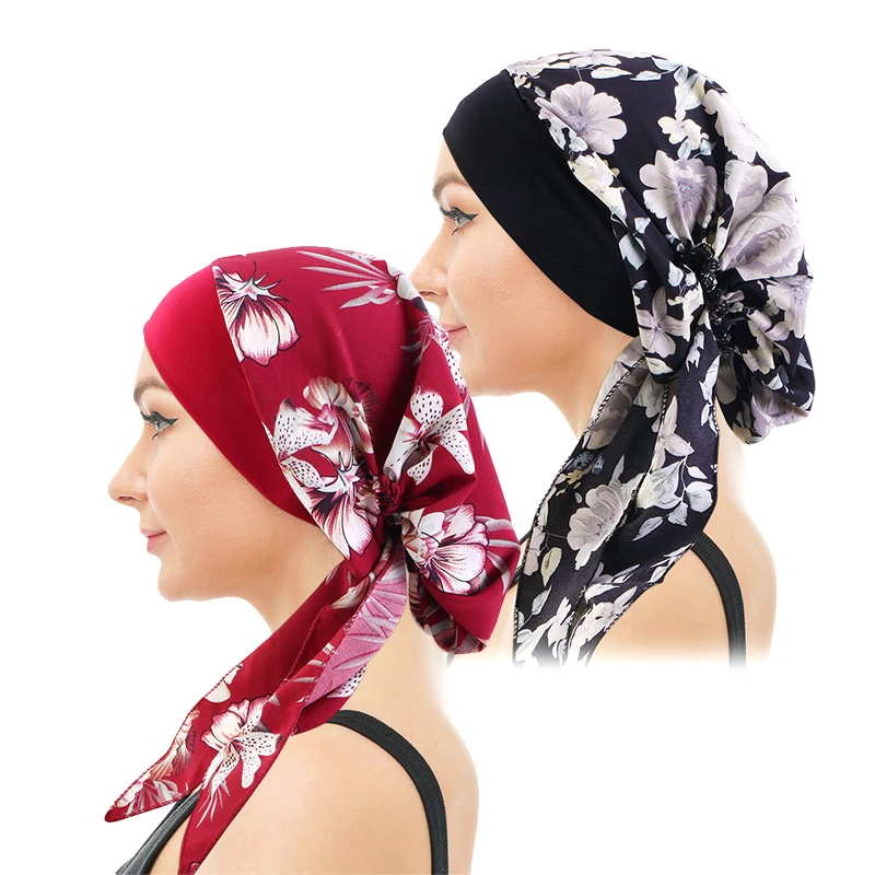 2PCS/LOT Wide Edge Elastic Headscarf Women Pre-Tie Printed Turban Fashion Lady Ethnic Durag Cap Headband Wrap Head Hat Sleepcap