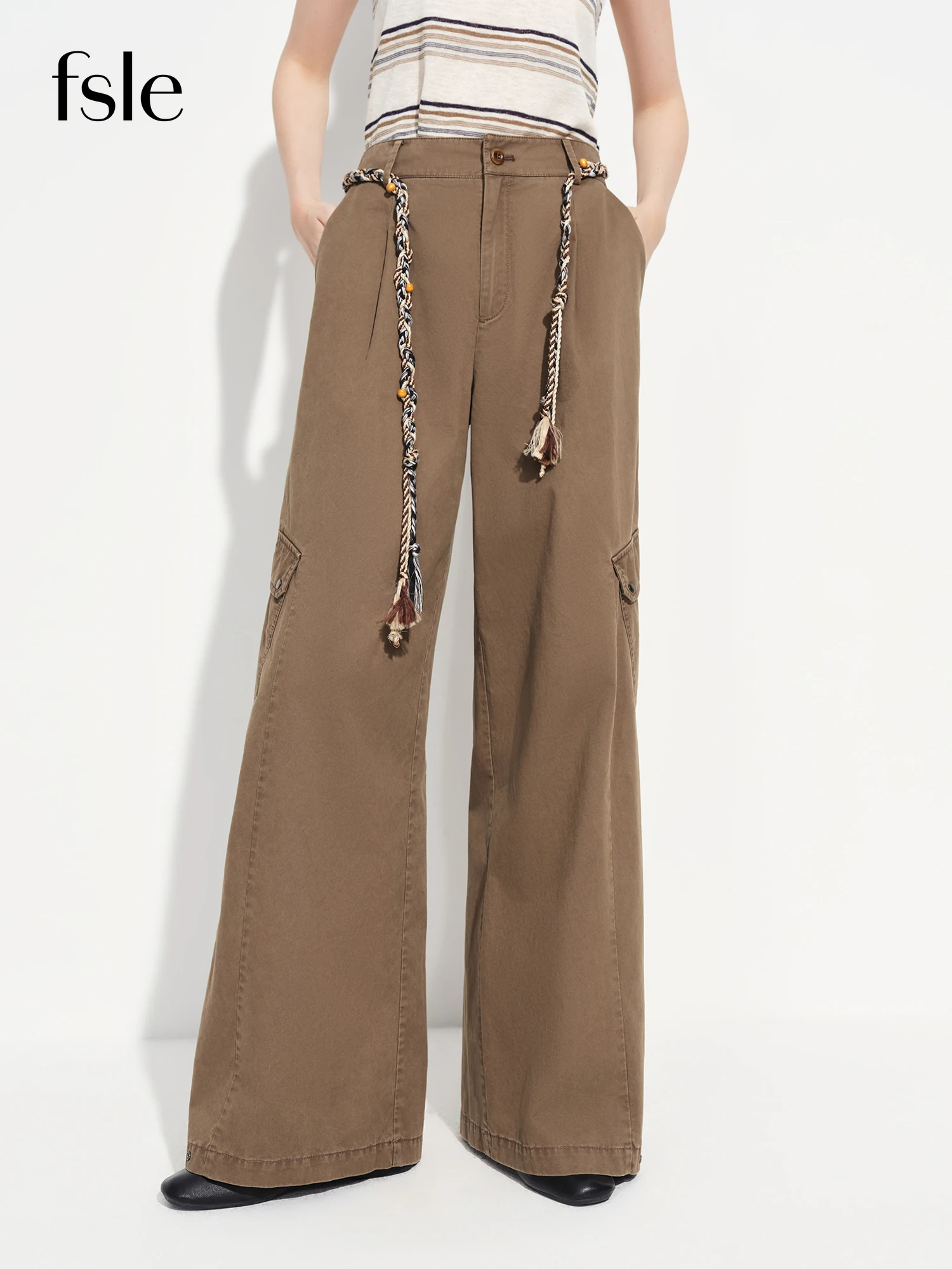 

FSLE High-Waisted Workwear Wide-Leg Casual Pants for Women Spring 2026 New Arrival Casual Pants With Belt Wide-leg Cotton Pants