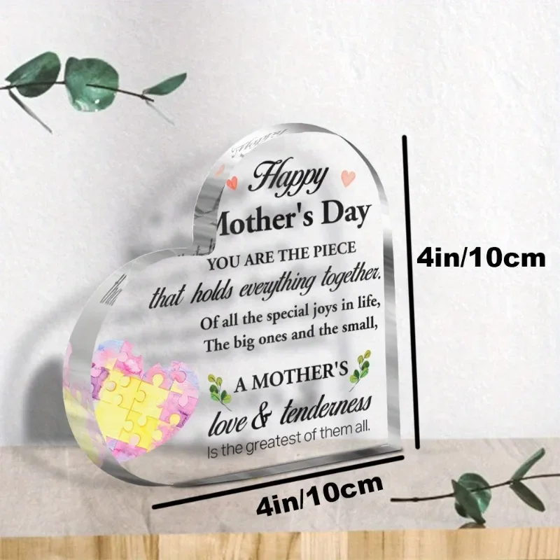 Heart Acrylic Plaque Happy Mother's Day Puzzle Heart Desk Decor Gift,Mother's Love & Tenderness Acrylic Heart Tabletop Ornament Mom Gift