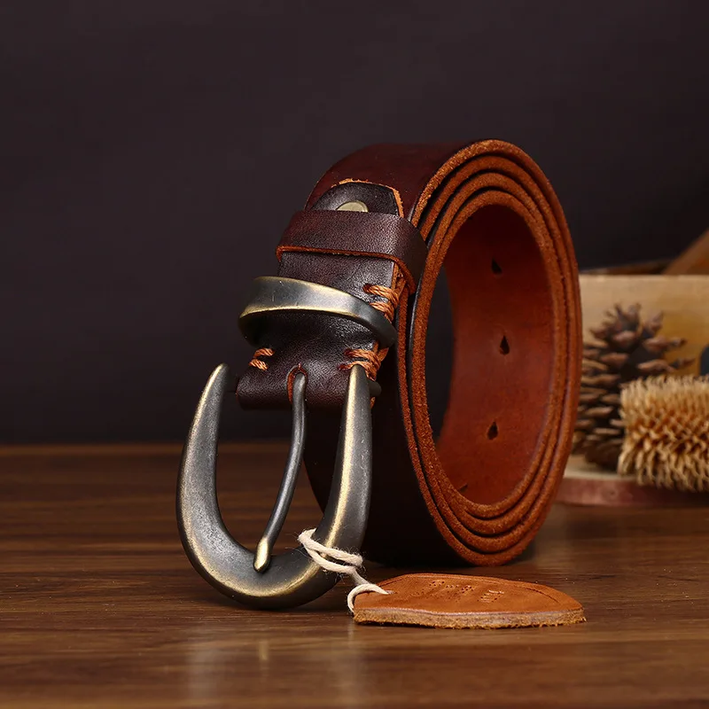 3.3cm Belt Fashion Men's Luxury Designer Cowskin Belts for Jeans Genuine Leather Strap Copper Buckle Cummerbunds Ceinture Homme