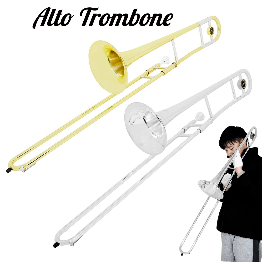 Alto Trombone Brass Gold Silver Lacquer Bb Tone B flat  Copper Tube Instrument with Cupronickel Mouthpiece Case