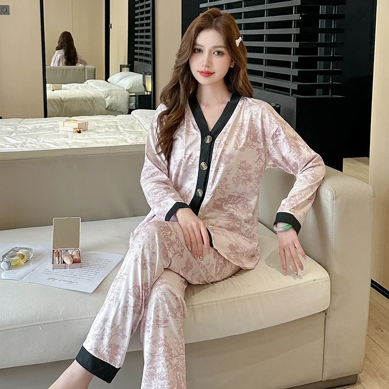 Korean All-match Fashion Plus Size Women\'s Pajamas Pink V-neck Casual Homewear Sets Button Long-sleeved Trousers Sleepwear