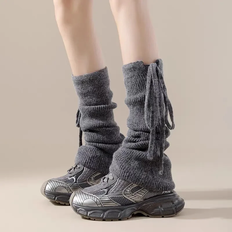 Japanese strap bow stacking socks cover white autumn and winter micro-horn leg cover knitted thin medium tube calf socks women