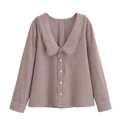 PB&ZA 2024 Autumn New Women's Fashion Comfortable Loose Casual Long Sleeve Small Grid Small Round Collar Shirt