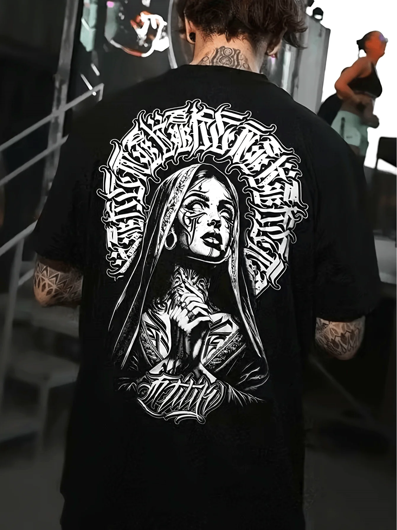 Streetwear Summer Men's Black Back Printed Chicano Virgin Mary Pattern T-Shirt Rock Retro 3D Print Casual Sporty Short Sleeve