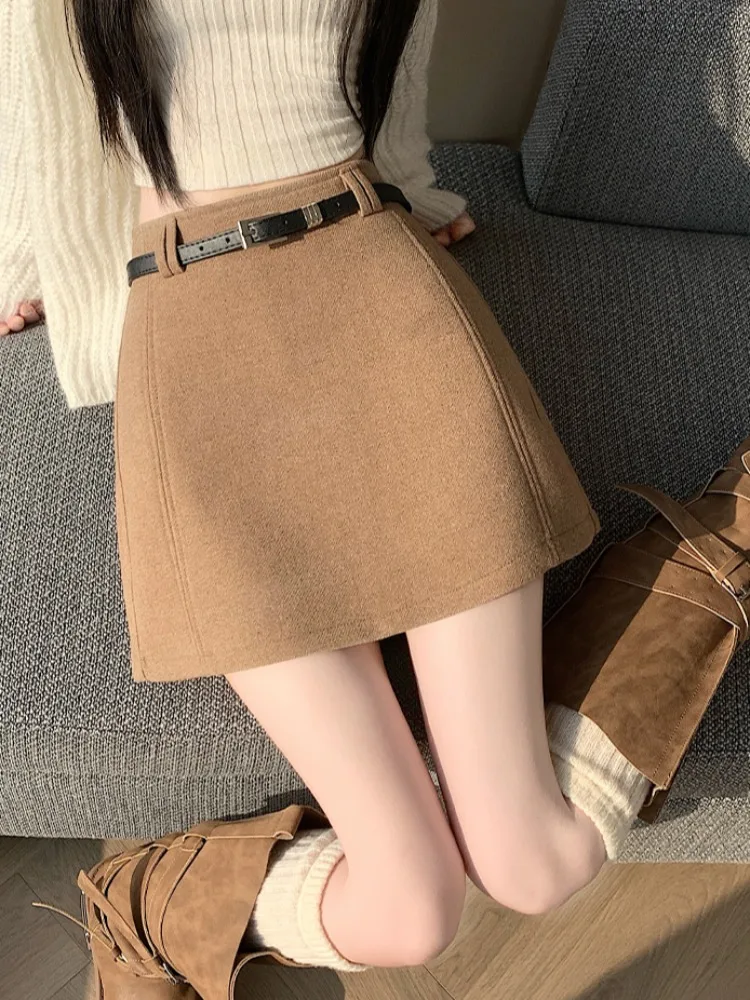 Khaki Woolen A-Line  Skirt Women's Winter 2025 New High Waist Slimming Casual Bodycon ort Skirt Ci Walk PVC Fabric