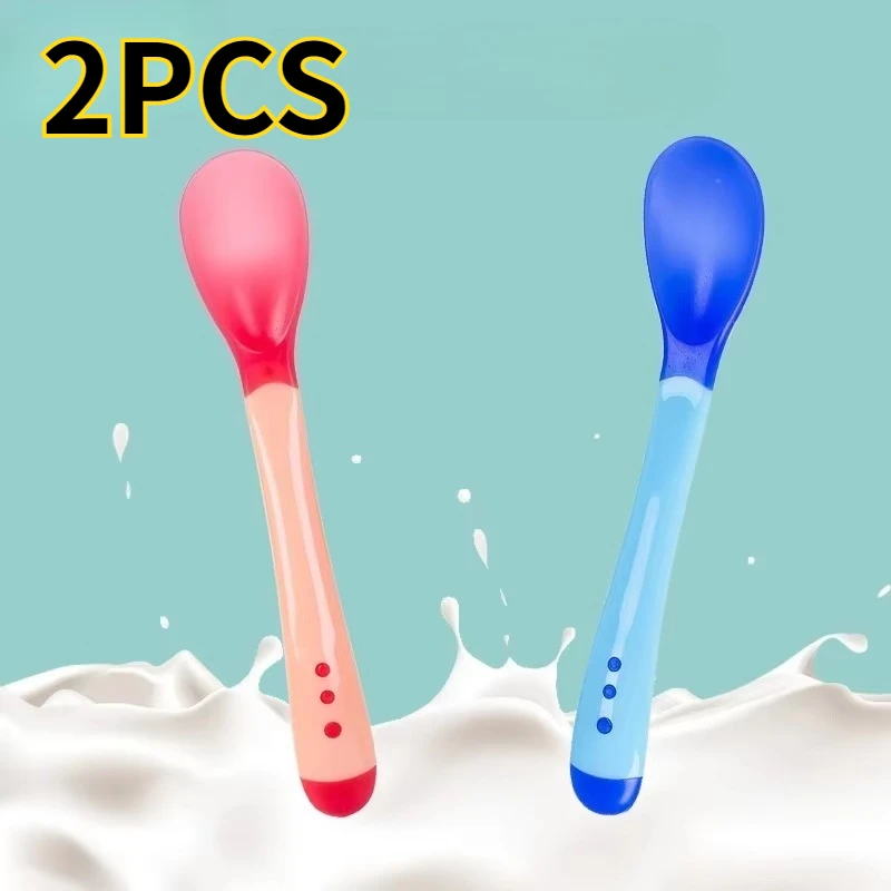 2pcs Baby Warm Spoon Feeding Utensils Baby Warm Soft Head Spoon Fork