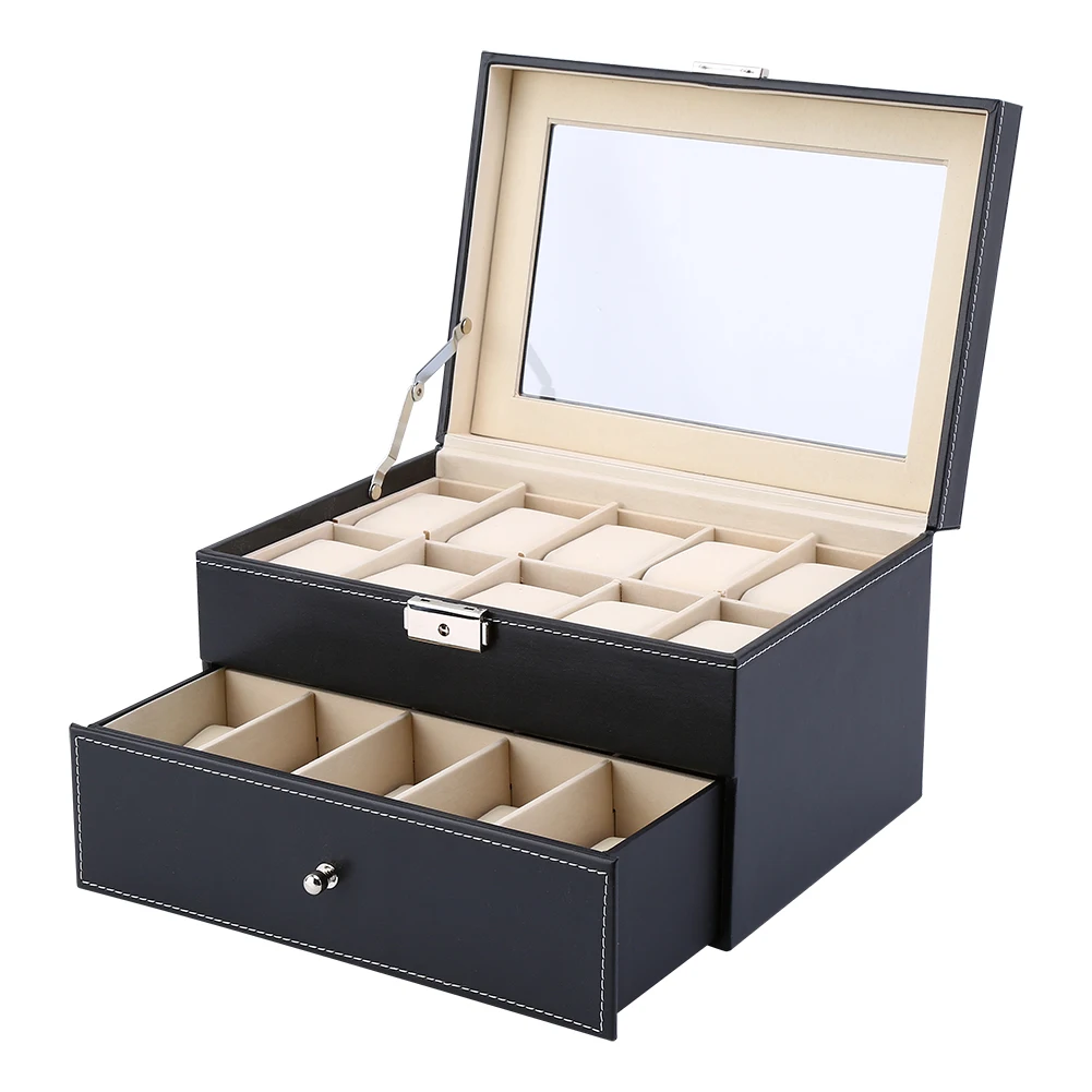 20 Bit Imitation Leather Watch Storage Box Drawer Style Storage Box Double Layered Watch Display Box Black