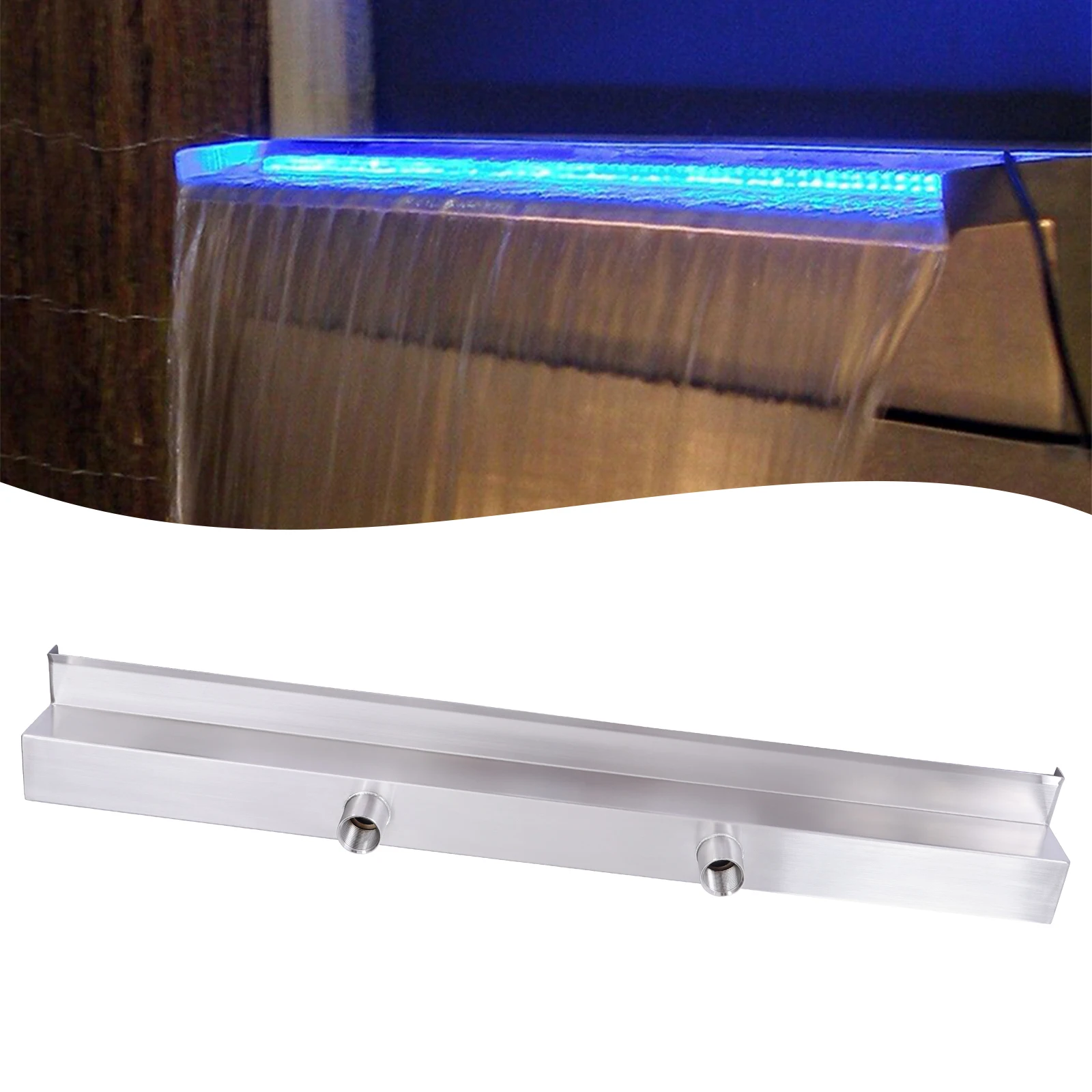 35.4" Pool Fountain Stainless Steel Pool Waterfall w/Blue Color LED Strip Light Waterfall Spillway Rectangular Garden Outdoor