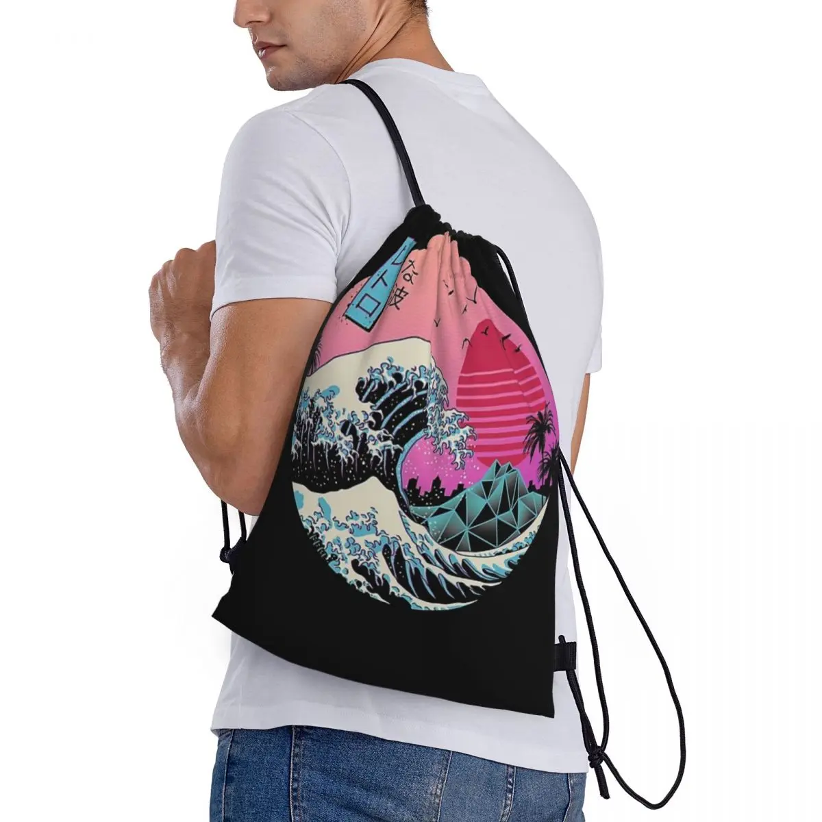 Custom Name Waterproof Outdoor Beach Swimming Sports Drawstring Backpack The Great Retro Wave Organizer Gym Storage Bag