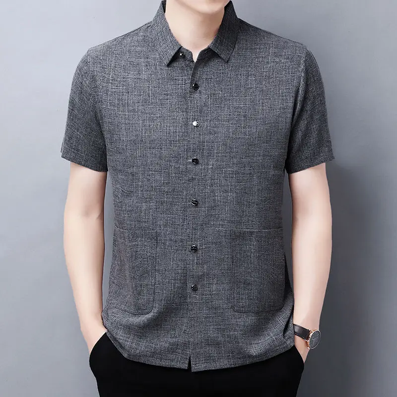 Men's Summer Thin Shirt Lapel Short-sleeved Cotton Linen Solid Color Ice Silk Male Black Multi-pocket Casual Men Clothing E95