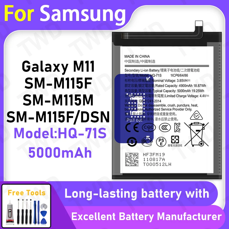

100% New 5000mAh HQ-71S Battery For Samsung Galaxy M11/SM-M115F Battery Replacement Bateria+Free Tools