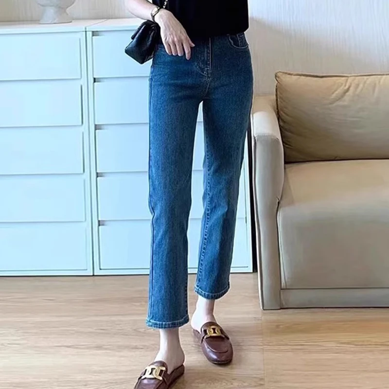 Slim Fit High Waist Straight Leg Jeans Women's Thin Summer Cotton Stretch Denim Shorties Retro Style Casual Zipper Pocket
