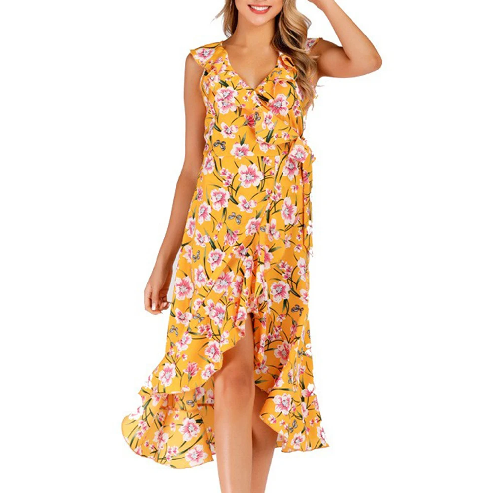 phantasy Bohemia Floral Dress women V neck vacation sundress slim yellow summer casual sleeveless streetwear female gown