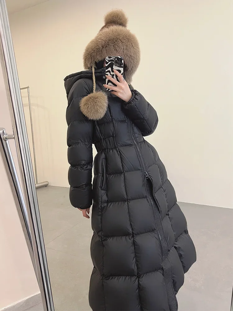 High Quality White Goose Down Coat Women New Winter High Waist Hooded Plus Long Design Double Zippers Warm Goose Puffer Overcoat