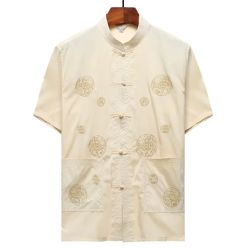 Beige Tang Suit Traditional Chinese Clothing for Men Short Sleeve Shirt Vintage Kung Fu China Top Embroidery Clothes