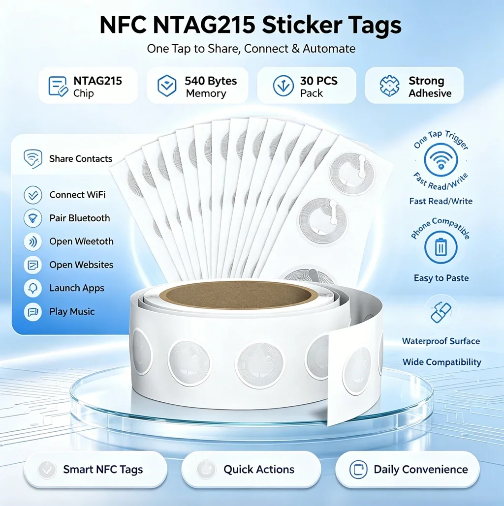10-50Pcs High Capacity NTAG215 NFC Stickers, Adhesive Rewritable Tags for All NFC-Enabled Mobile Phones & Devices