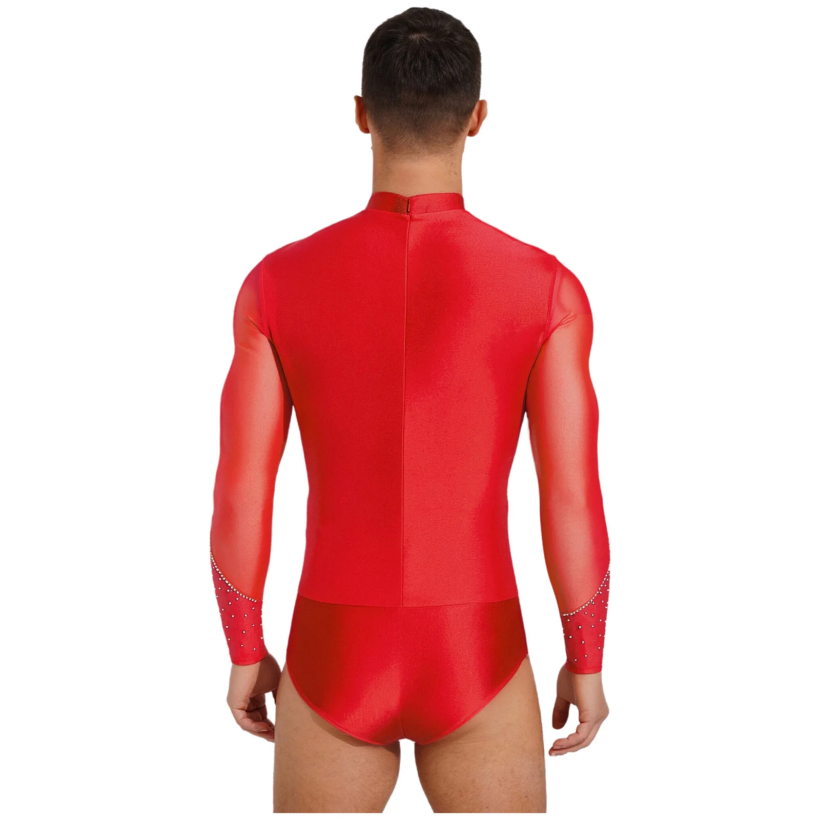 

Men Latin Gymnastics Tango Chacha Dance Bodysuit Shirt Top Mesh Long Sleeve Jumpsuit Acrobatics Figure Skating Leotard Dancewear