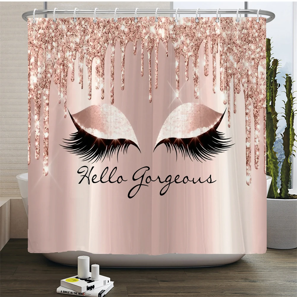 Girly Rose Gold Eyelash Makeup Shower Curtain Bath Curtain Set Spark Rose Drip Bathroom Curtain Eye Lash Beauty Salon Home Decor