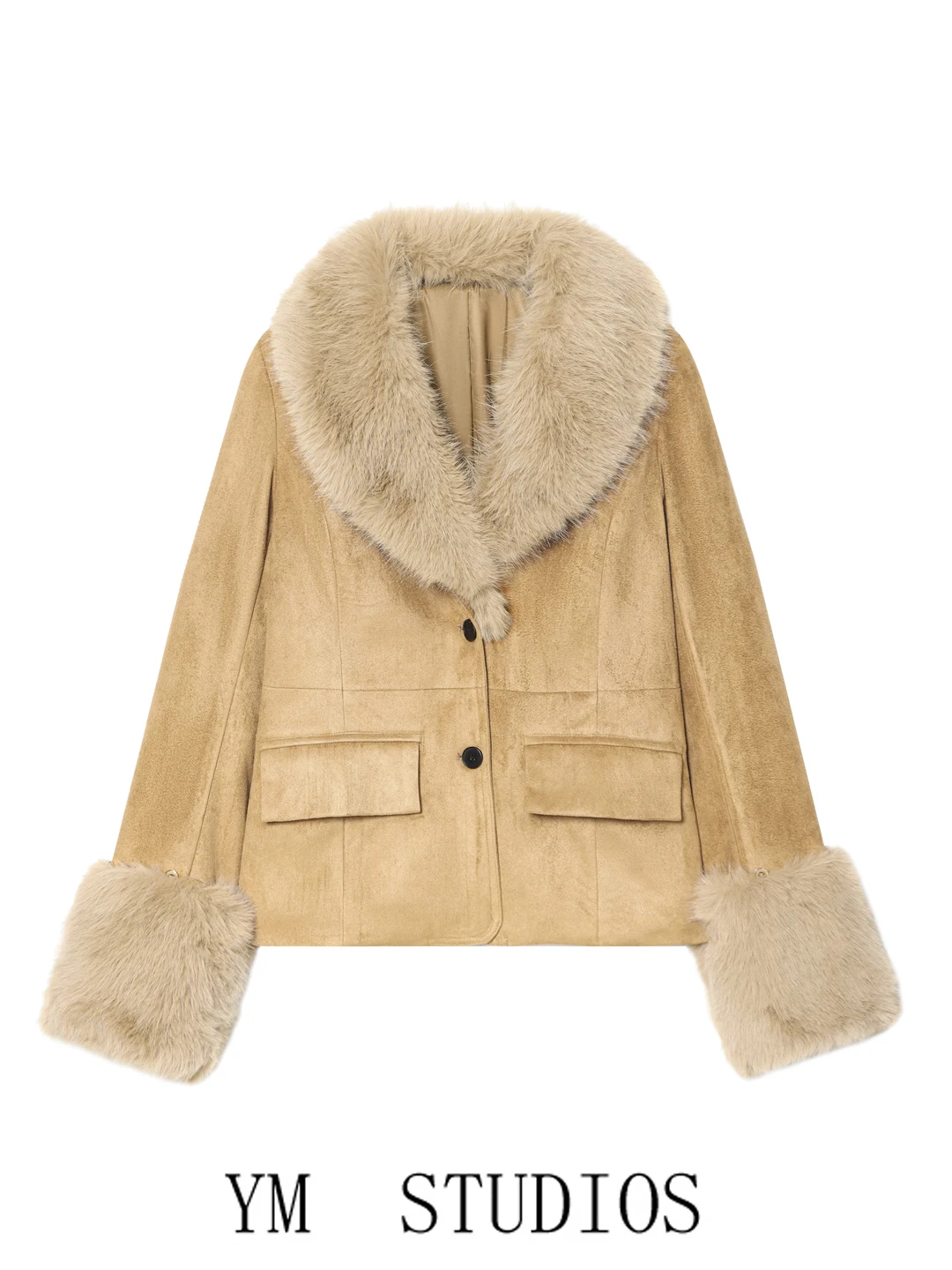 

Women's Suede Short Jacket Detachable Fur Collar Waist-Cinching Artificial Fur Effect Coat Standard Fit Long Sleeve Button Cl...