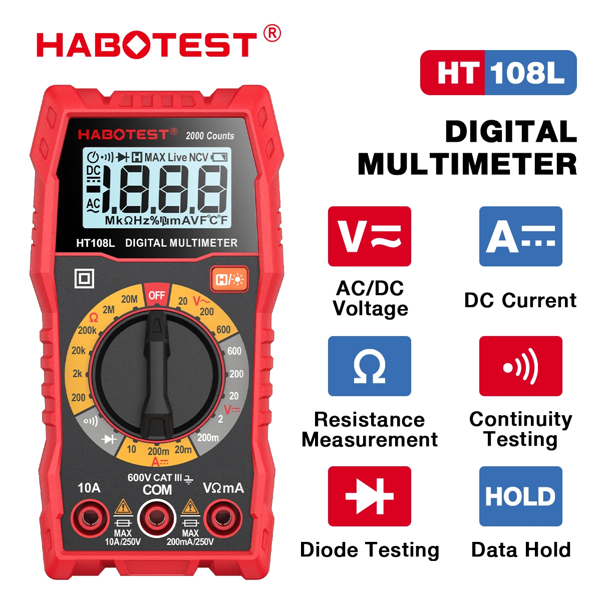 HABOTEST HT108L Digital Multimeter True-RMS 600V 10A AC DC Voltmeter Ammeter Multimetro Digital Multimeter Testers