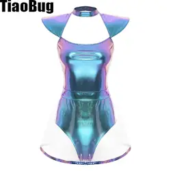 Womens Space Alien Role Paly Dress Fly Sleeve Cutout Briefs Bottom with PVC Skirt One-piece Bodysuit for Halloween Carnivals