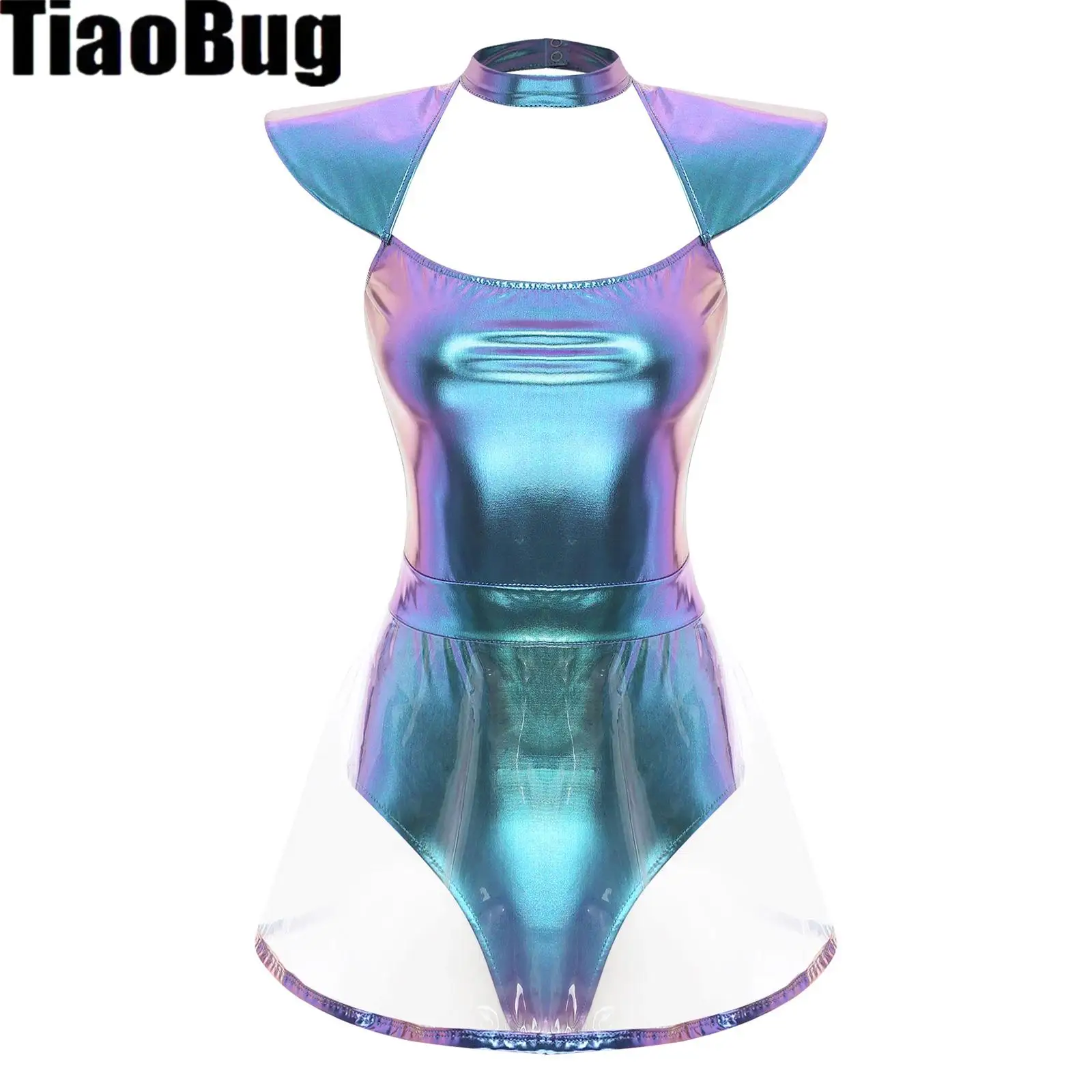 Womens Space Alien Role Paly Dress Fly Sleeve Cutout Briefs Bottom with PVC Skirt One-piece Bodysuit for Halloween Carnivals