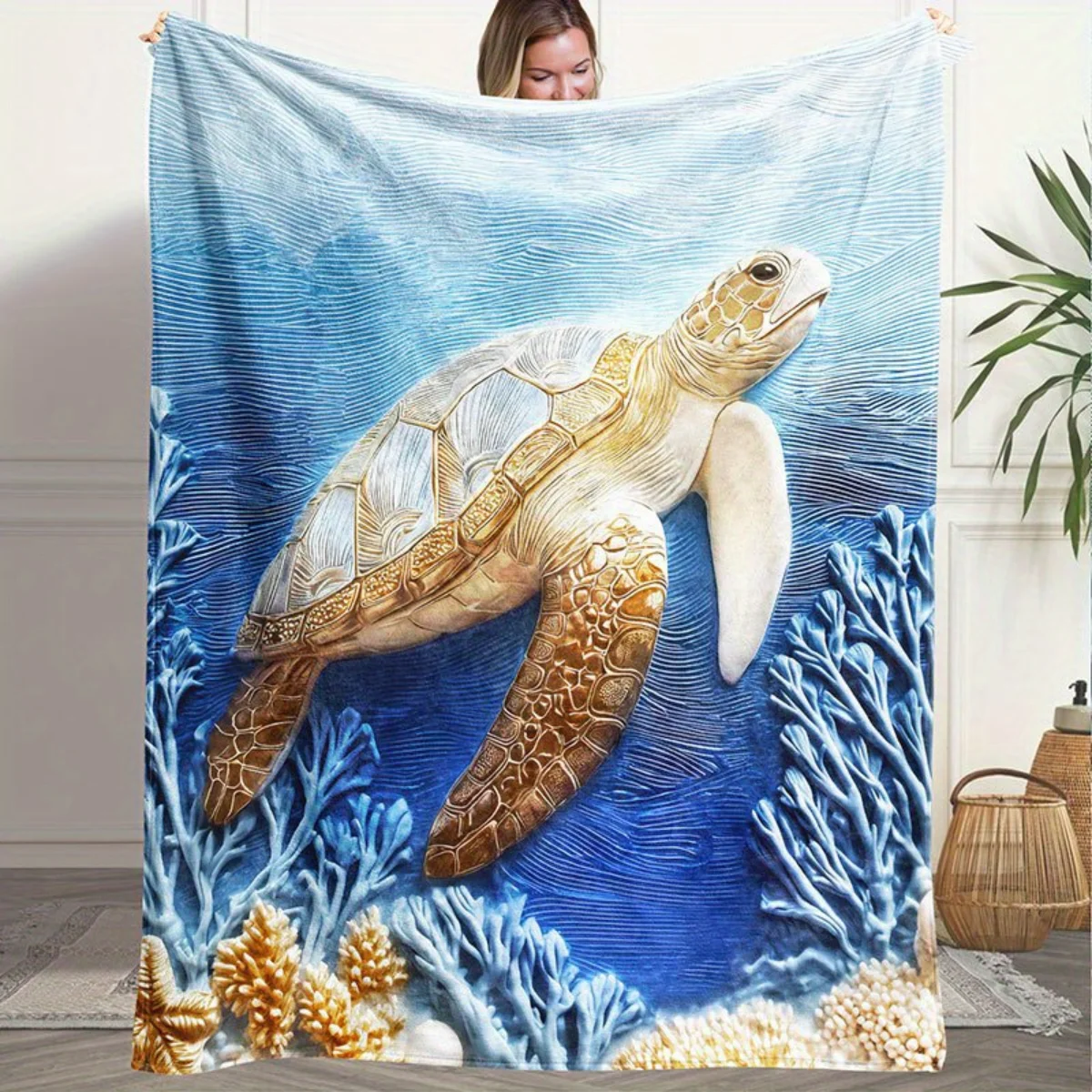 

A fluffy flannel blanket with a turtle and ocean print - warm and cozy, perfect for sofas, offices, beds, camping, and Christmas