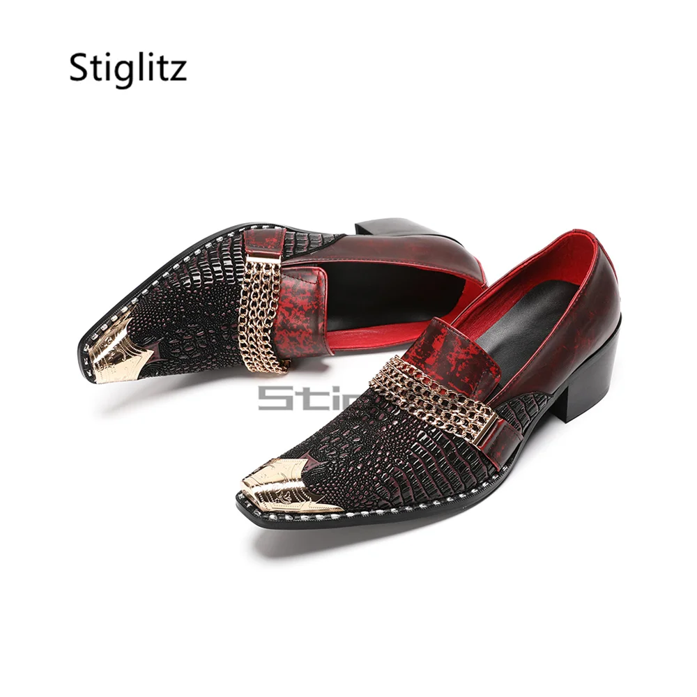 Men's Metal Chain High Heels Oxford Shoes Wine Red Genuine Leather Patchwork Metal Pointed Toe Wedding Dress Business Shoes