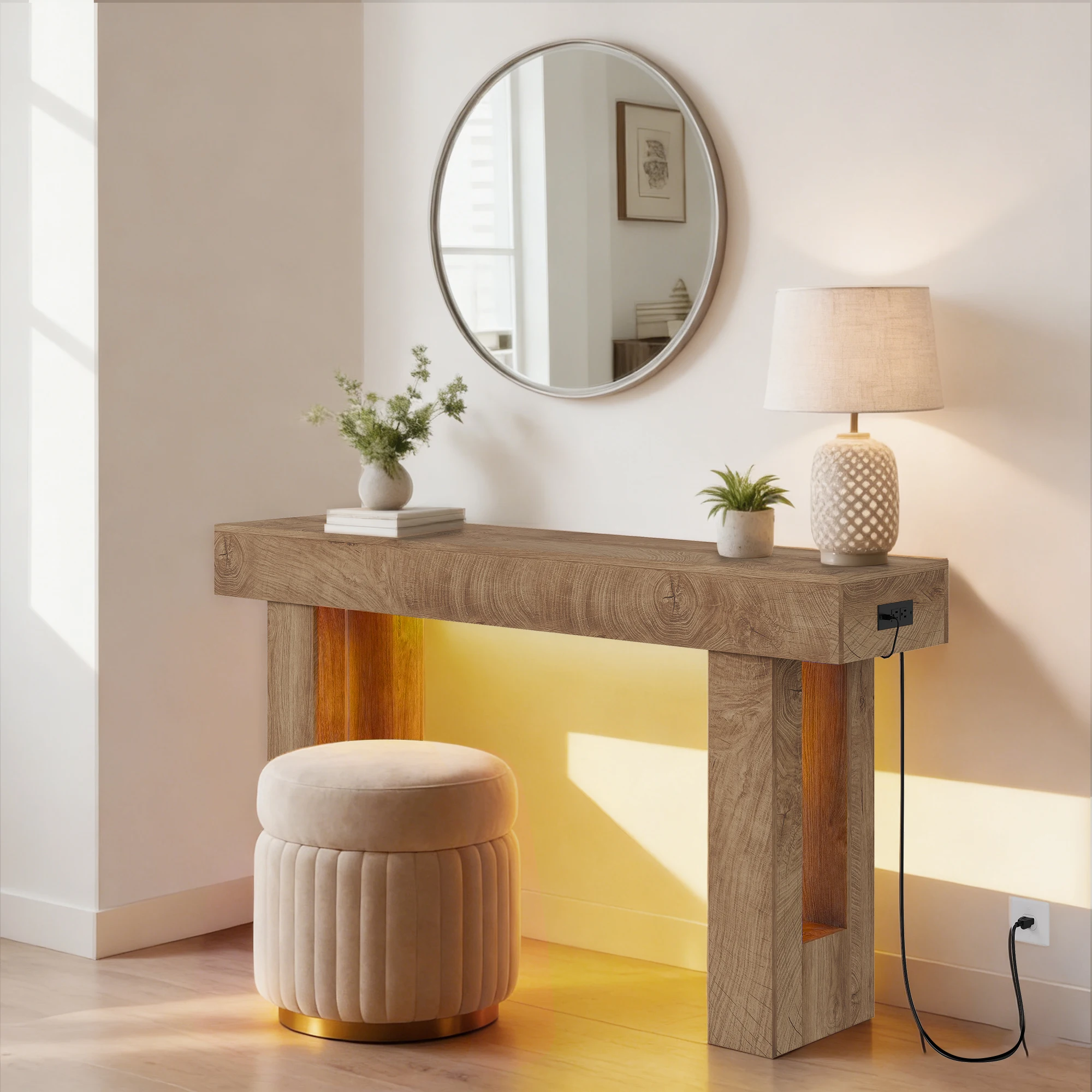 Modern Console Table with Power Outlets & LED detector Light – Narrow Wooden Sofa Table with Open Storage – Rectangular Living Room Furniture for Entryway, Hallway, or Behind Couch – Natural Oak