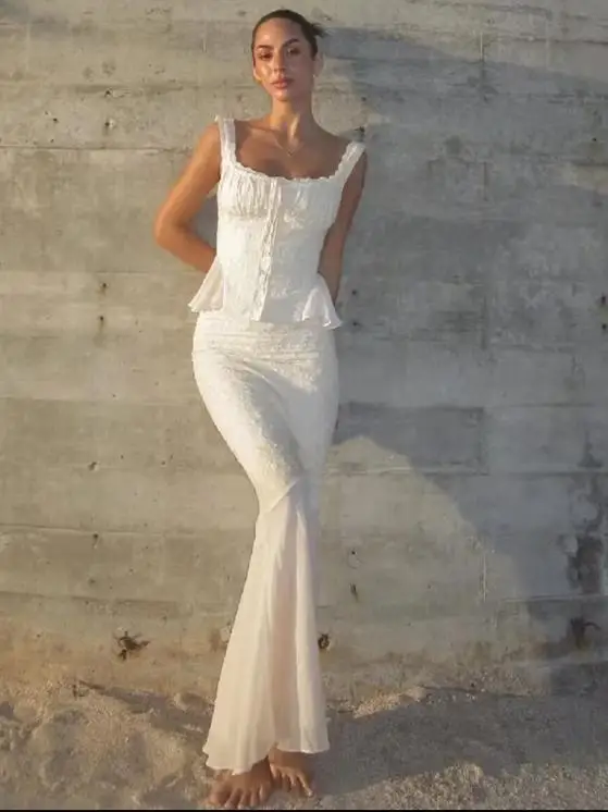 Romantic Lace Embroidery Belted  Knot Short Sleeve Slim Fit Vest Cotton Blend Fabric V-Neck Single Button Closure