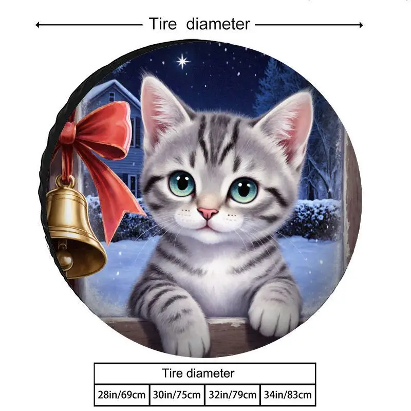 Cute Kitten Peeking Winter Window Xmas Bell Polyester Tire Protector Dustproof Cover for RV SUV