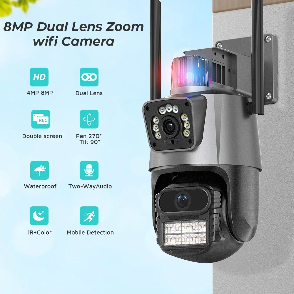 Telecamera IP 8MP 4K Dual Lens Dual Screen PTZ Wifi Camera telecamera di videosorveglianza di sicurezza impermeabile per esterni allarme luce della polizia