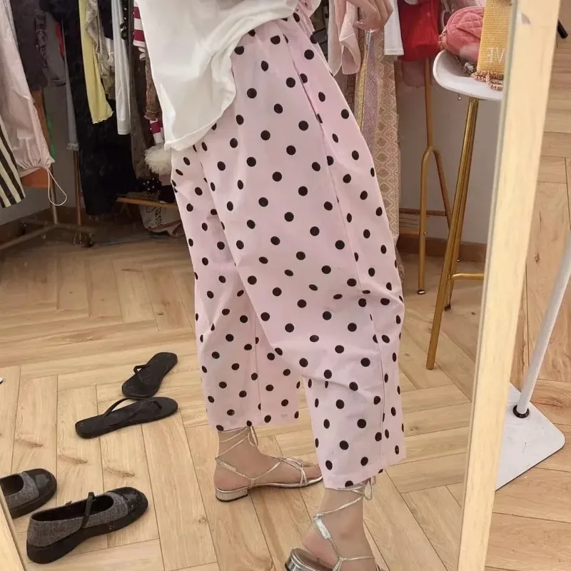Women's Summer Capri Pants Pink Black Polka Dot Pattern Drawstring Waist Loose Casual Trousers