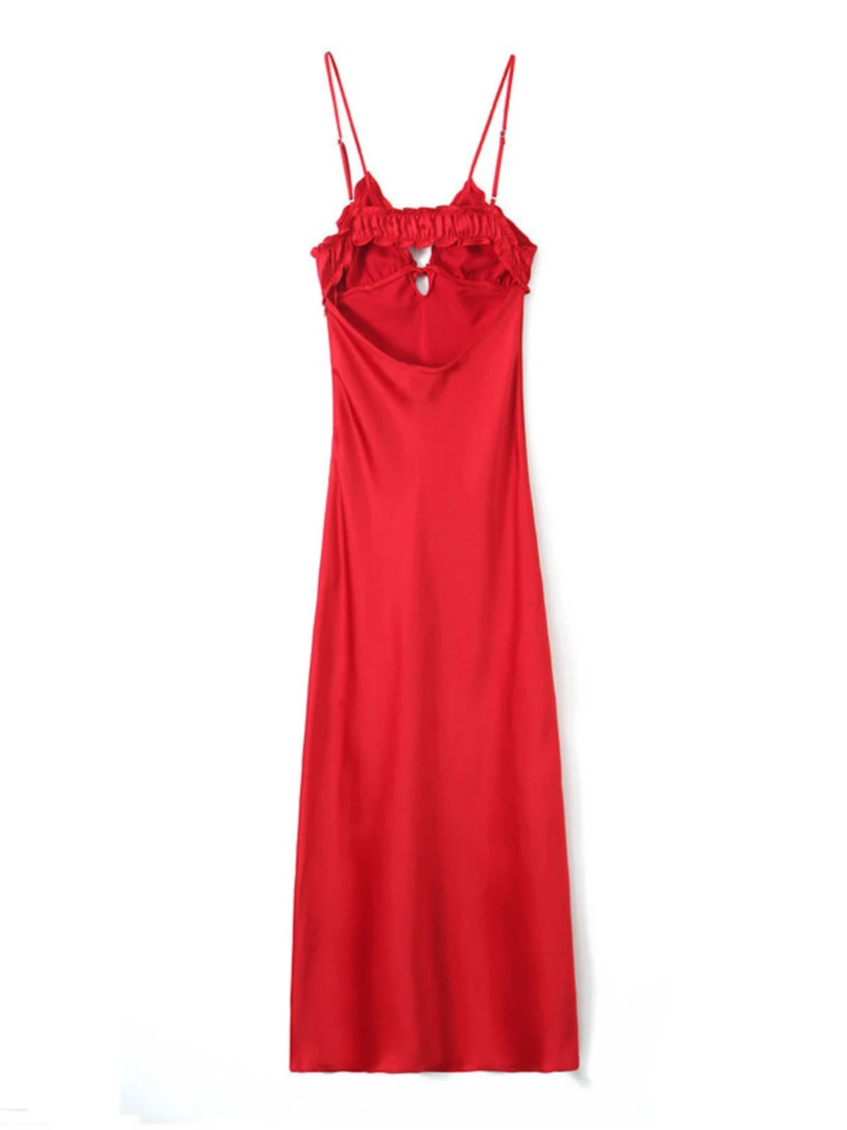 Vestido Midi de Seda Satin Decorativo em Camadas para Mulheres Primavera 2024 E Decote em V Sem Mangas para Senhoras Q...