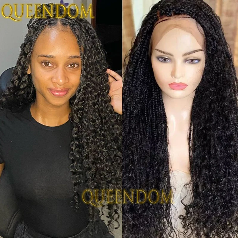 

Full Lace Synthetic 24 Inch Braid Wig Knotless Bohemia Faux Locs Cornrow Plait Braids Wig with Curly End Crochet Box Braided Wig