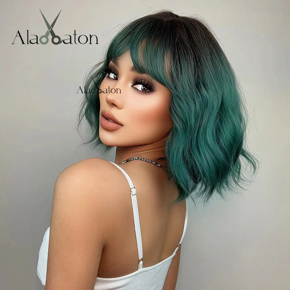 ALAN EATON Dark Green Cosplay Bangs Wigs Short Natural Wave with Black Roots Synthetic Wigs for Women Daily Use Heat Resistant