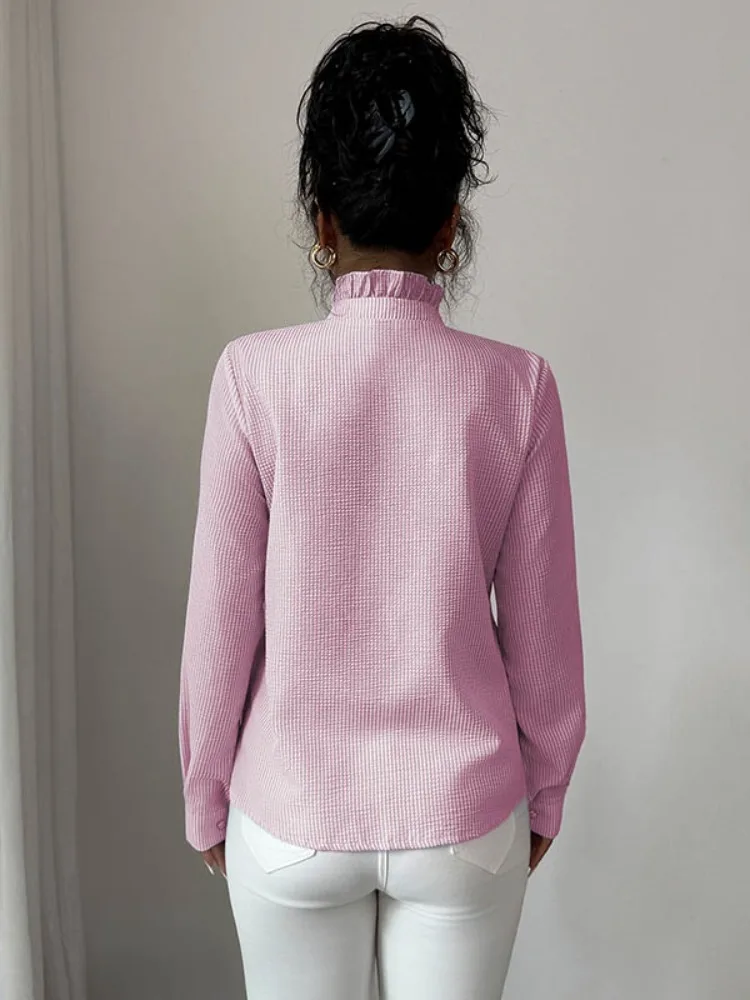 Uoozee femmes rayé col montant à volants Blouses à manches longues coupe ample bureau décontracté usage quotidien mode chemise hauts 2026 nouveau