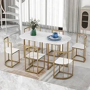 

7-piece dining table and chairs set for small spaces, faux marble kitchen table, modern style dining table set Dining Room Sets