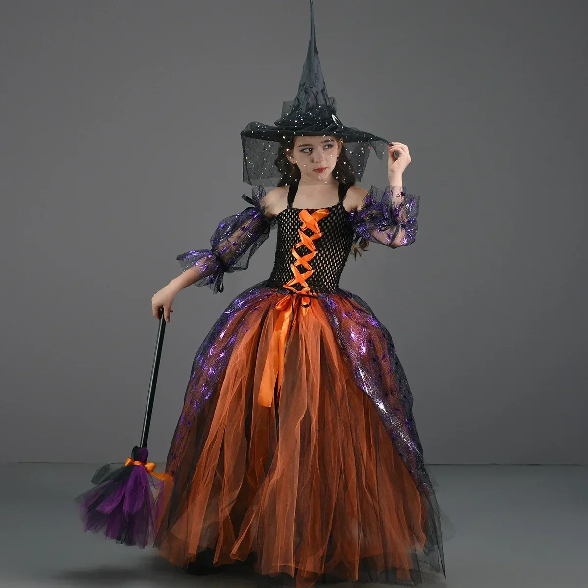 

Halloween Witch Dress Girls Luxurious Witch Costumes Halloween Witch Cosplay Tutu Dress Children Halloween Party Clothings 1-12T