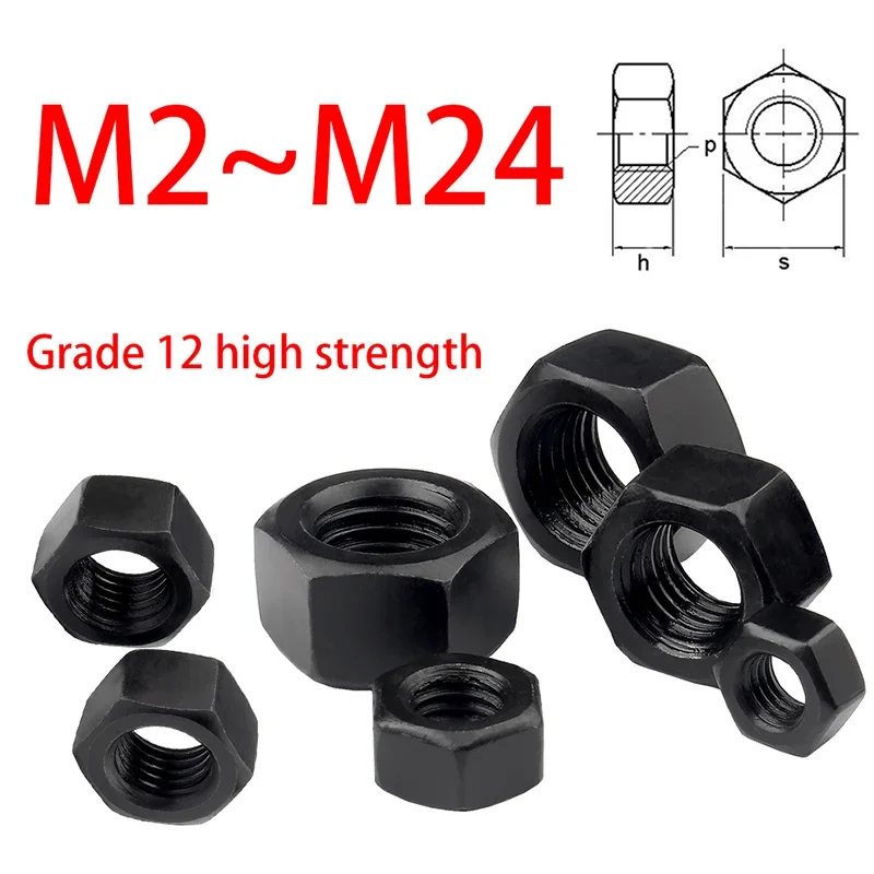 1~50pcs Grade 12 high strength black hexagon nuts M2 M2.5 M3 M4 M5 M6 M8 M10 M12 M14 M16~M24 carbon steel metric hex nuts