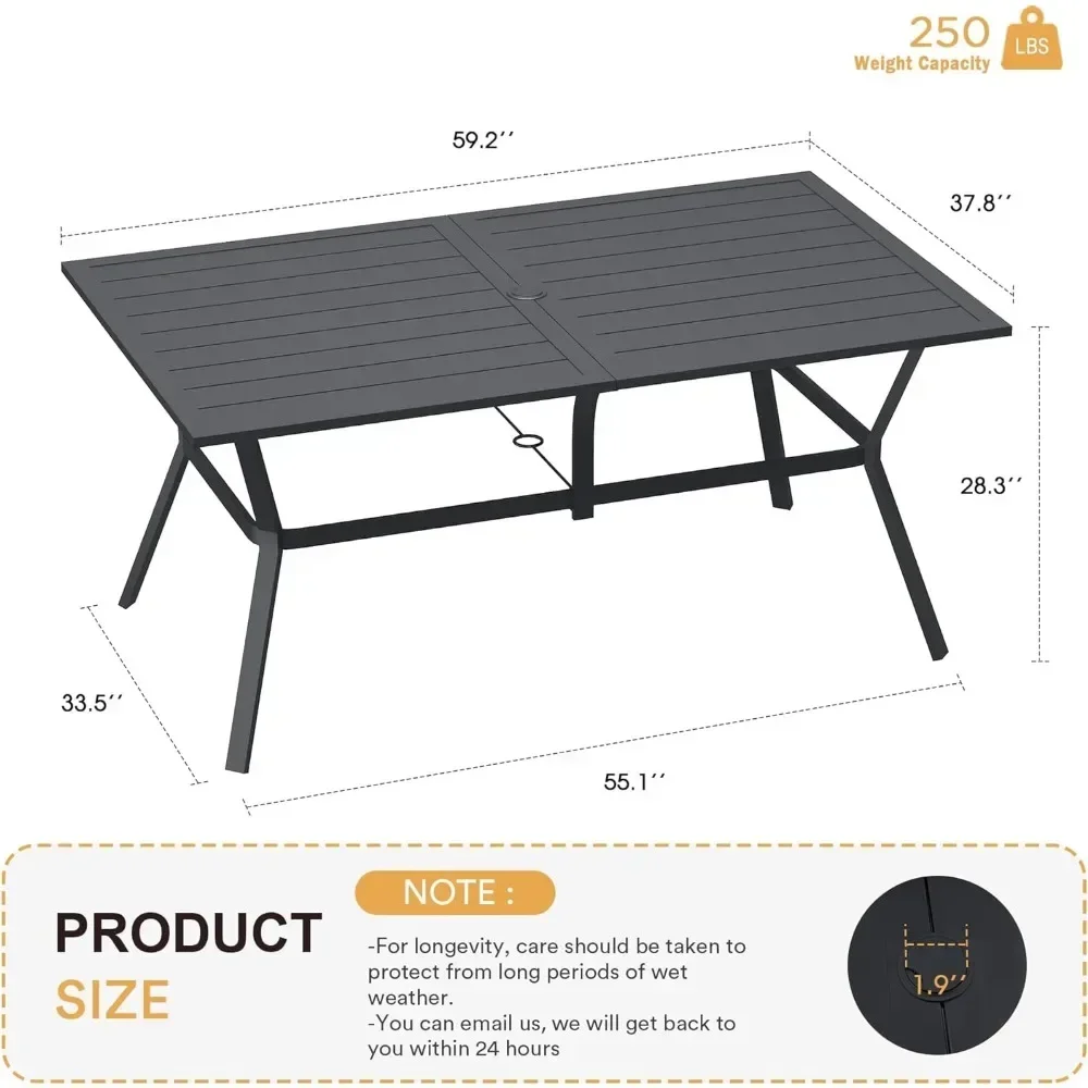 Mesa de comedor de 59 "para 6 personas, mesa de exterior con agujero para sombrilla, mesa de Patio de Metal para todo tipo de clima, mesa de jardín para césped, mesa negra