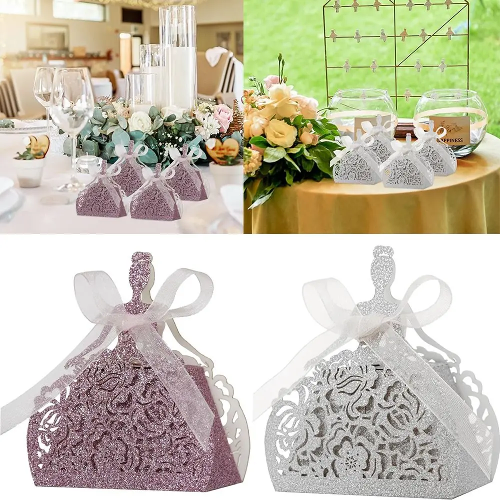 

50 Pcs Hot Laser Cut Wedding Party Favor Box with Ribbons Glitter Candy Bag Hollow Out Wedding Favor Boxes Girls
