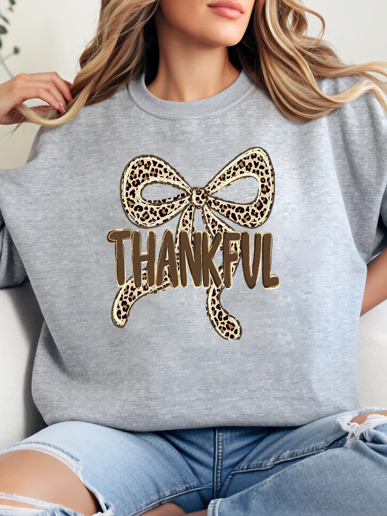 

Толстовка с круглым вырезом на День Благодарения с леопардовым бантом, женская повседневная осенне-зимняя серая толстовка больших размеров