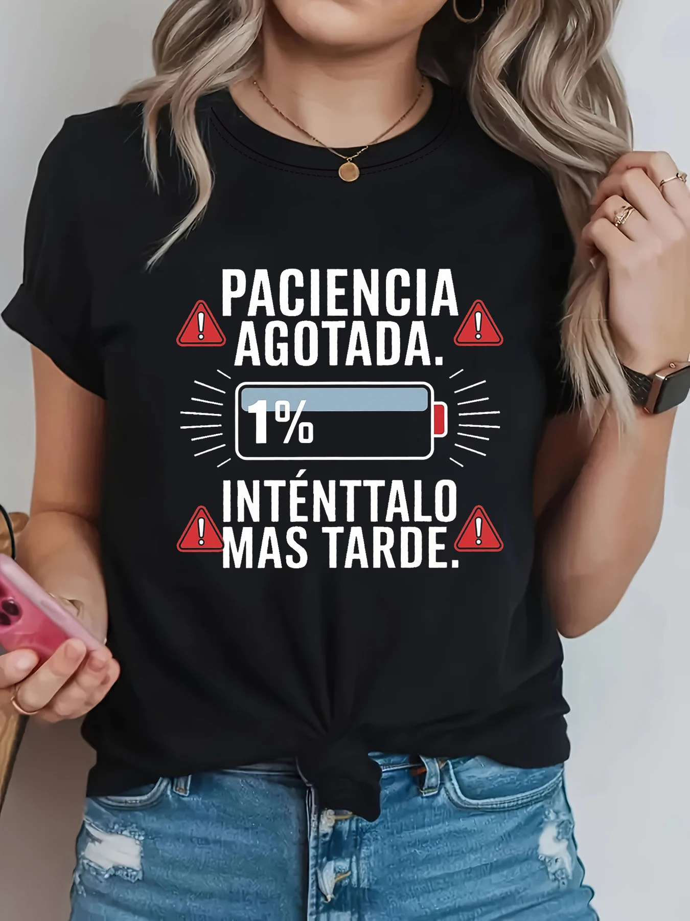 PACIENCIA AGOTADA. 1% INTENTALO MÁS TARDE. Camiseta de mujer con estampado de letras, top informal de manga corta con cuello redondo para verano y primavera
