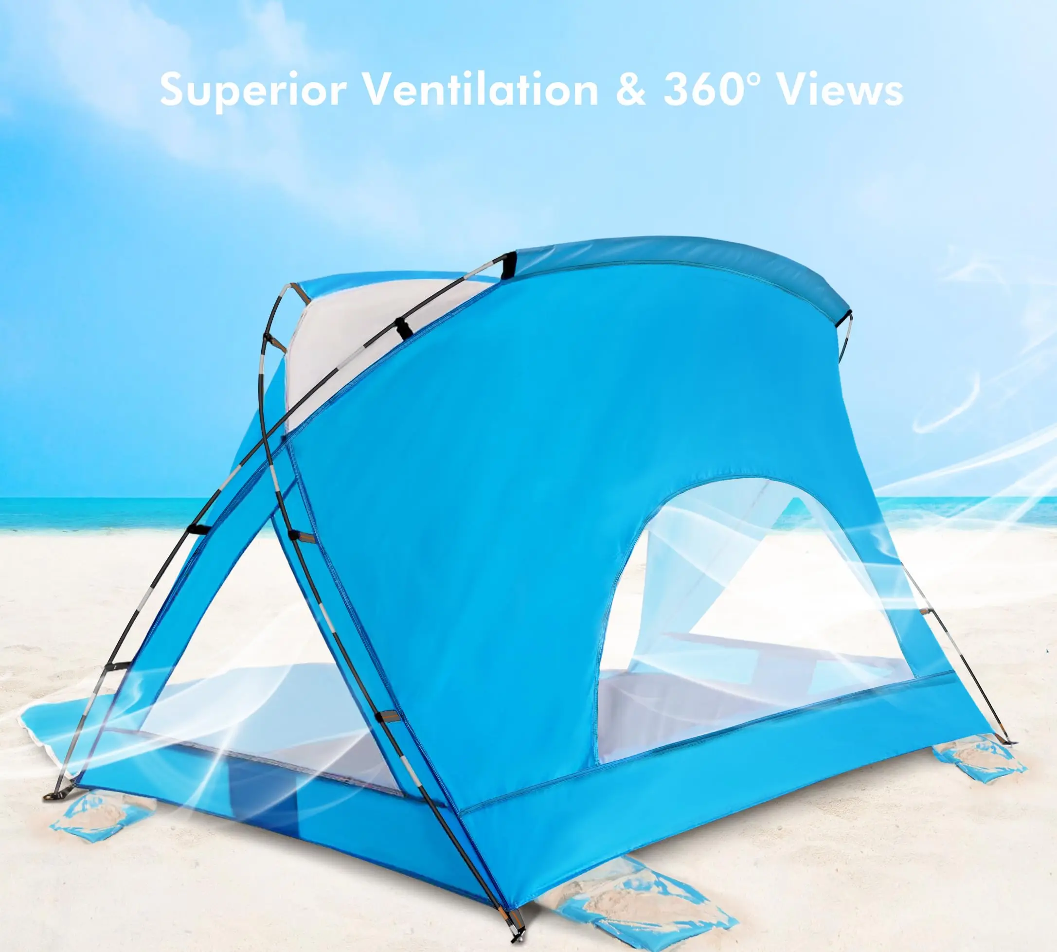 

Beach Tent, Portable Sun Shelter for 3 Person with UPF 50+ UV Protection, Easy Setup Waterproof Beach Shade Canopy Cabana