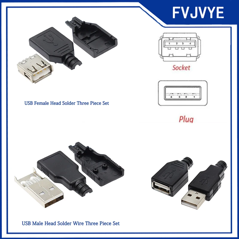 Wholesale 50pcs/100pcs 5V USB Type a Male/Female DIY 4Pin Plug Socket Connector with 4 Pin Plastic Cover Solder Type Adapter .A5