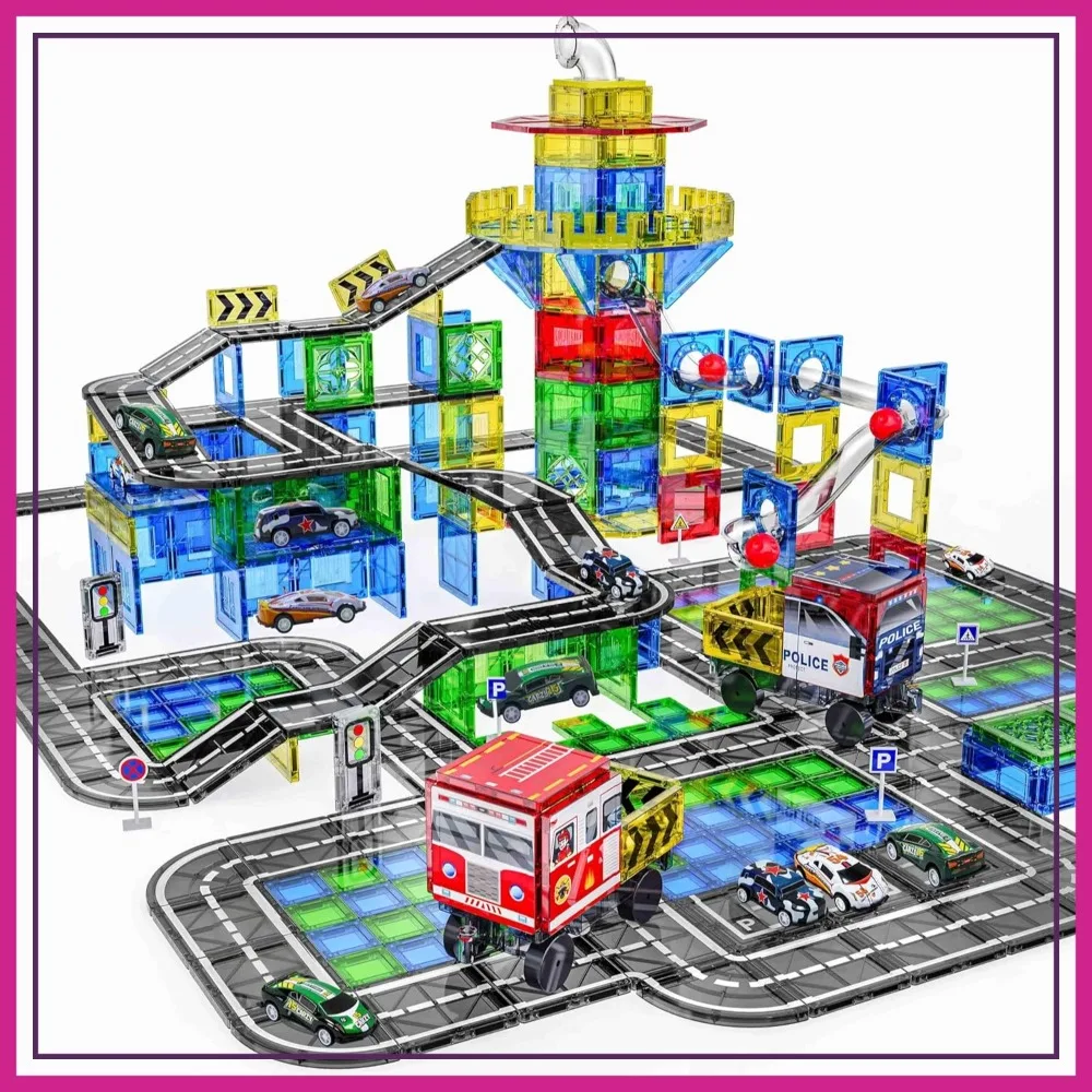 

150PCS Magnetic Tiles Road Set with Marble Run, STEM Building Toys for Boys Girls, Preschool Educational Magnet Tiles Cars