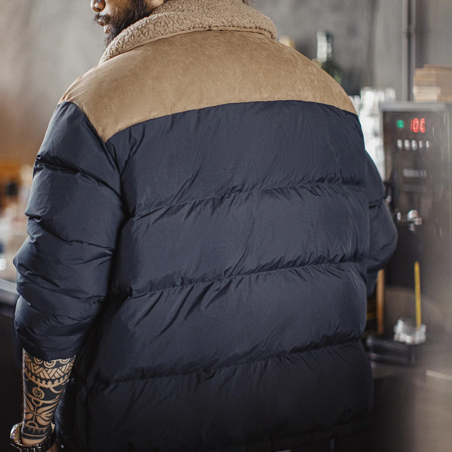 Maden الرجال خمر 90% الأبيض بطة أسفل سترة التباين الصوف طوق البخاخ الجلد المدبوغ لوحات معطف دافئ لخريف شتاء الشارع الشهير #4