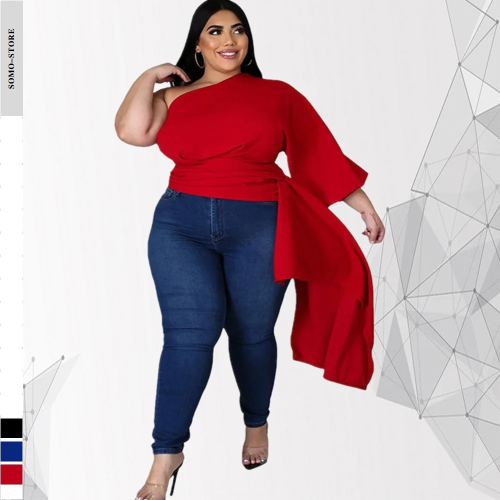 

Plus Size Tops Sexy Slash Neck One Shoulder Puff Sleeve Long Blouses Elegant Ladies Irregular Shirts Wholesale Dropshipping